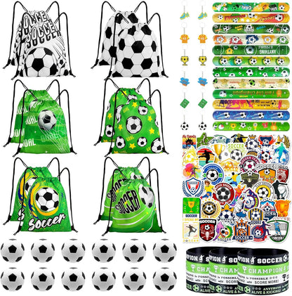 12 oxford cloth drawstring bags in 6 distinct soccer-themed designs (2 of each)