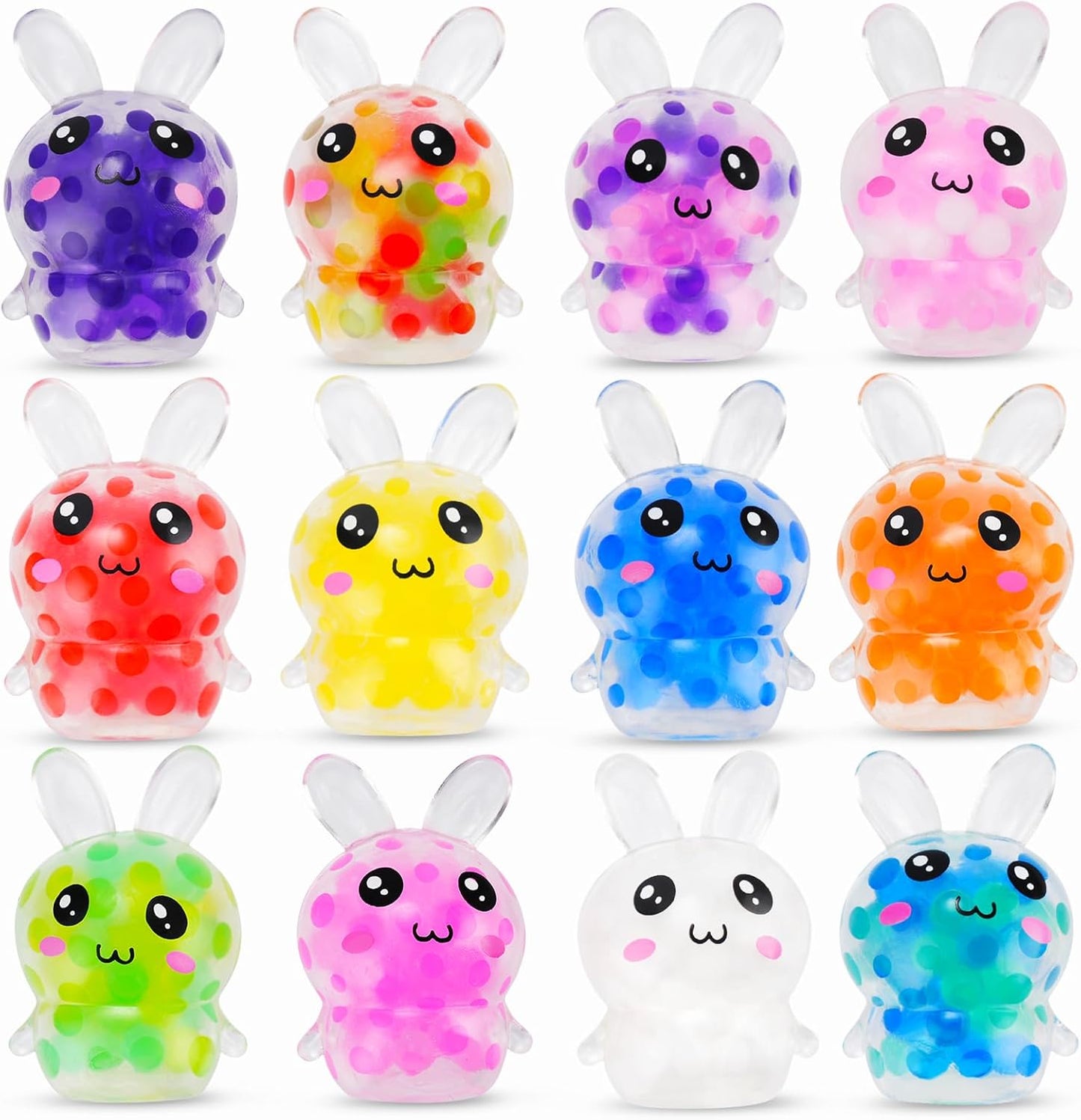 12-pack of mini bunny-shaped squishy balls in multi-color