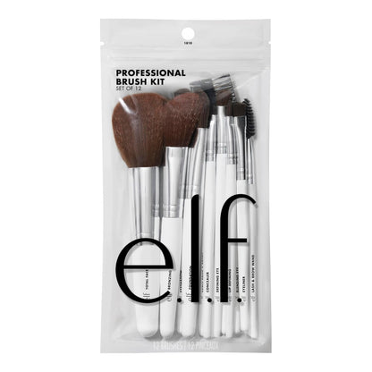 12-piece collection covering smudge sponge, lip defining, eyeshadow, blending, defining, lash/brow wand, brow comb, foundation, bronzer, total face, concealer, and eyeliner brushes