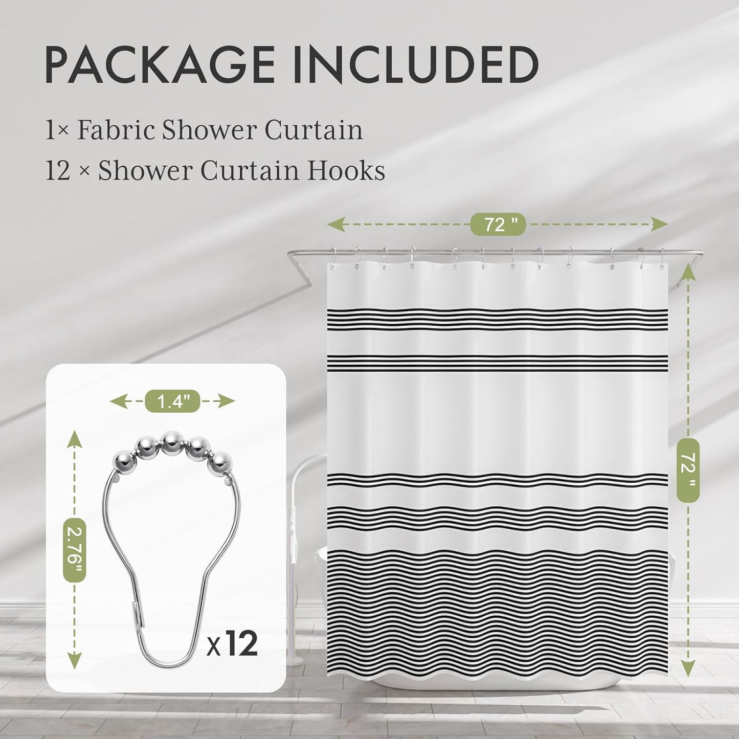 12 reinforced metal grommet holes paired with 12 rustproof brushed nickel hooks