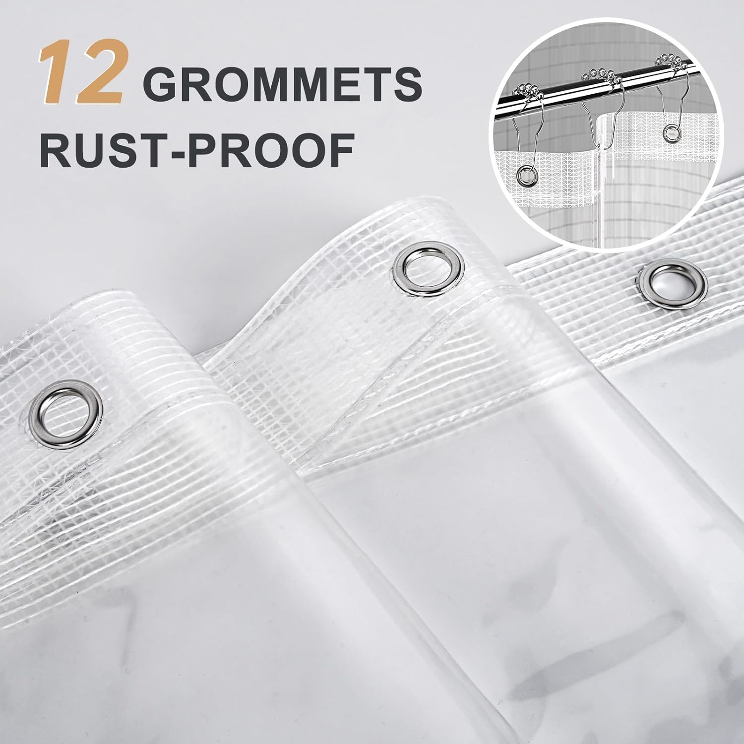 12 rust-resistant metal grommet holes along the top header for hook or rod hanging