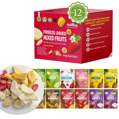 12 single-serve freeze-dried fruit pouches (0.35 oz each) in one box