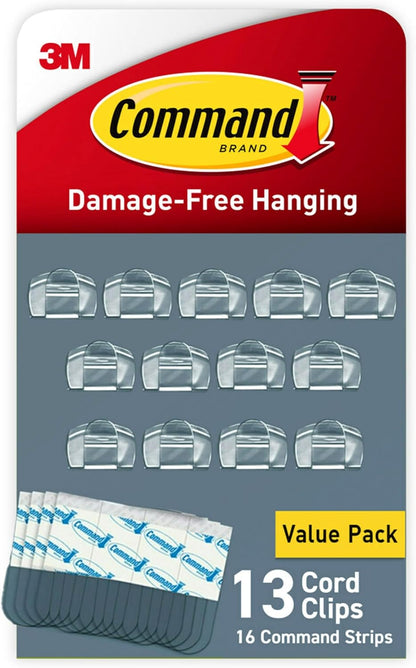13 or 26 clear plastic round cord clips with 16 or 32 small command strips