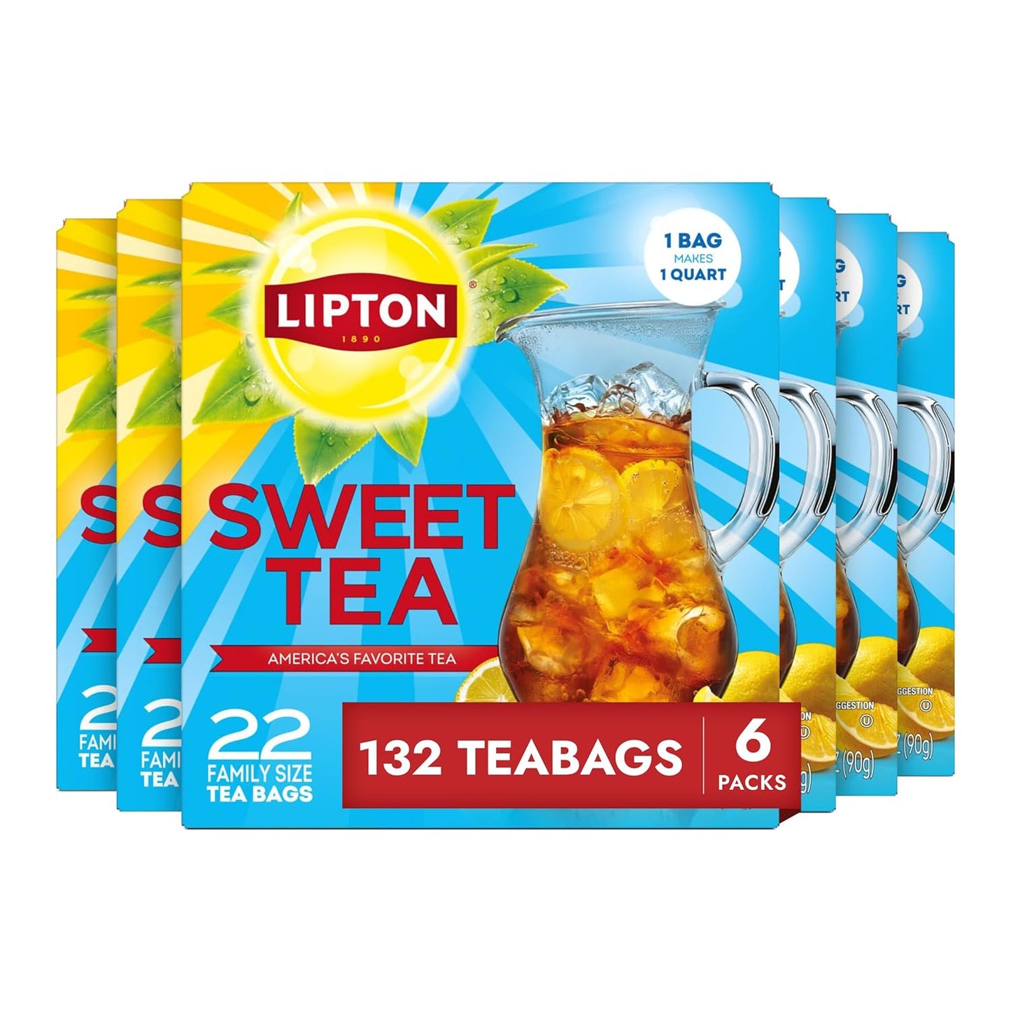 132 total tea bags across 6 family-size boxes of 22 bags
