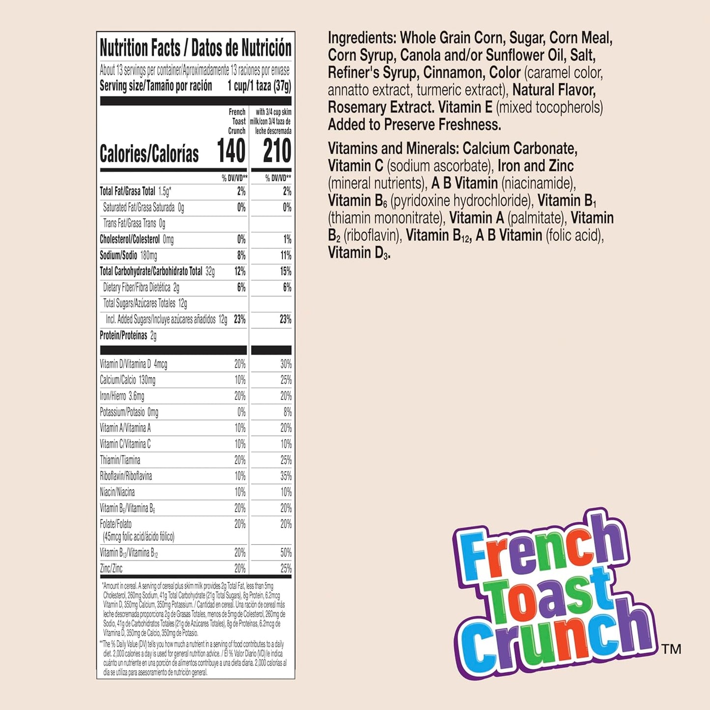 13g whole grain per serving plus 12 vitamins and minerals