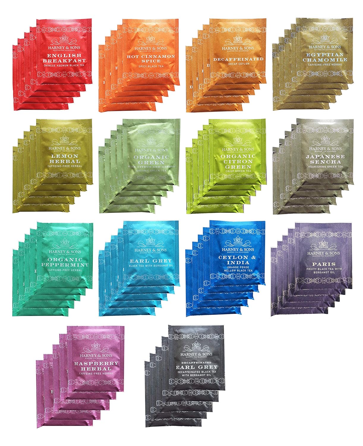 14 distinct tea varieties including hot cinnamon spice, english breakfast, earl grey, japanese sencha, and paris