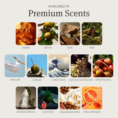 14 scent variants including single scents, 3-packs, and curated bundles (e.g., teak-open air-cabana)