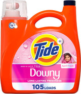 Tide Plus Downy April Fresh Liquid Laundry Detergent – Family-Safe 105-Load Bulk Bottle for Kids' Clothes, Nursery Laundry, and Playroom Wash