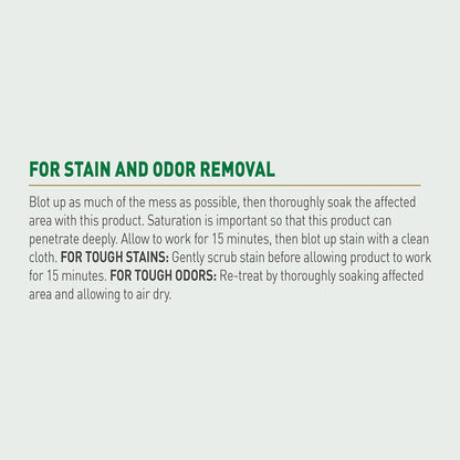 15-minute soak-and-blot application for stains; re-soak and air-dry for odors