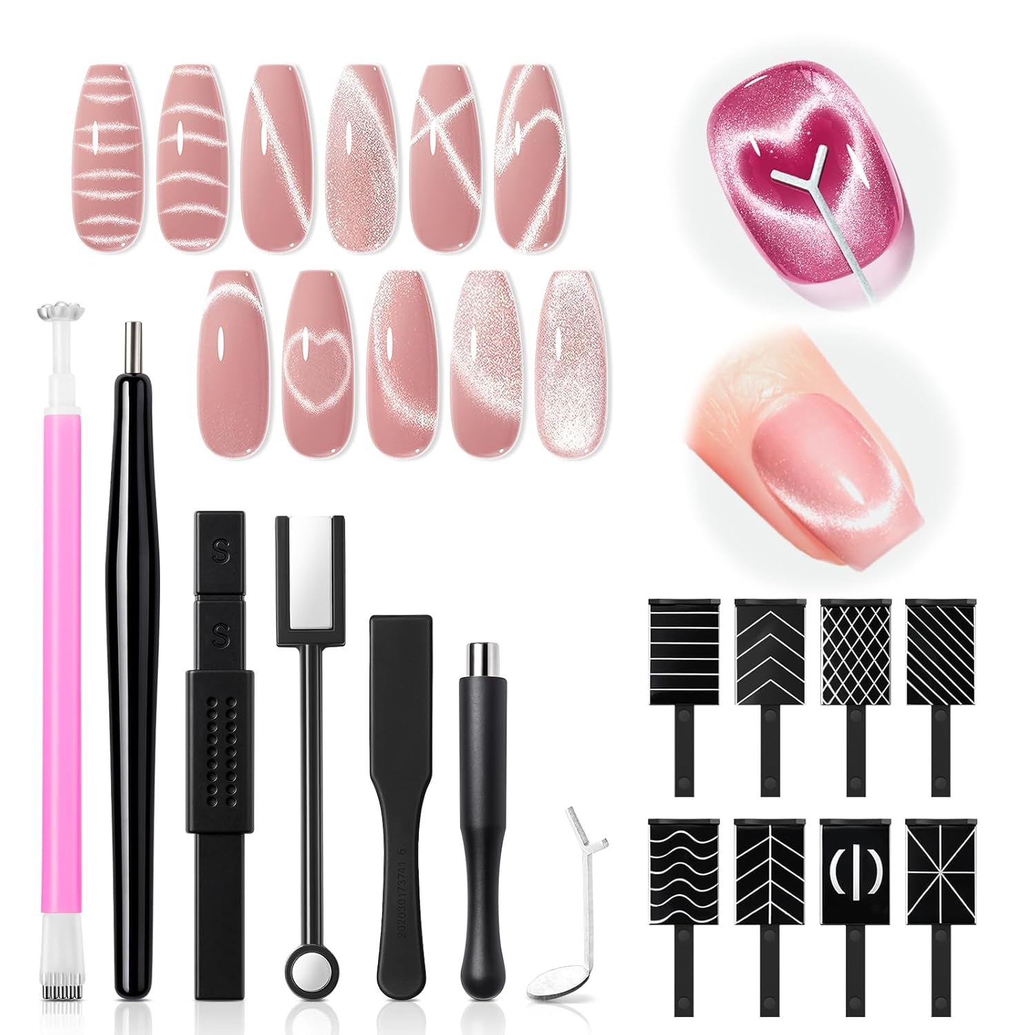 15-piece magnet set with varied shapes (square, round, heart, wand) and sizes