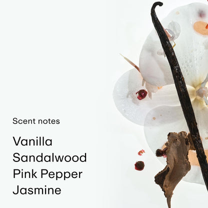 15-variant product line spanning gourmand (vanilla skin, heavy cream, matcha milk), fruity (dragon fruit, peach skin, berry cream), and warm/smoky (amber haze, vanilla smoke, cashmere skin) scent families