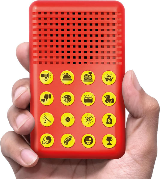 16 pre-loaded sound effects including burps, duck quacks, crowd laughter, boos, wobble sounds, and drumrolls