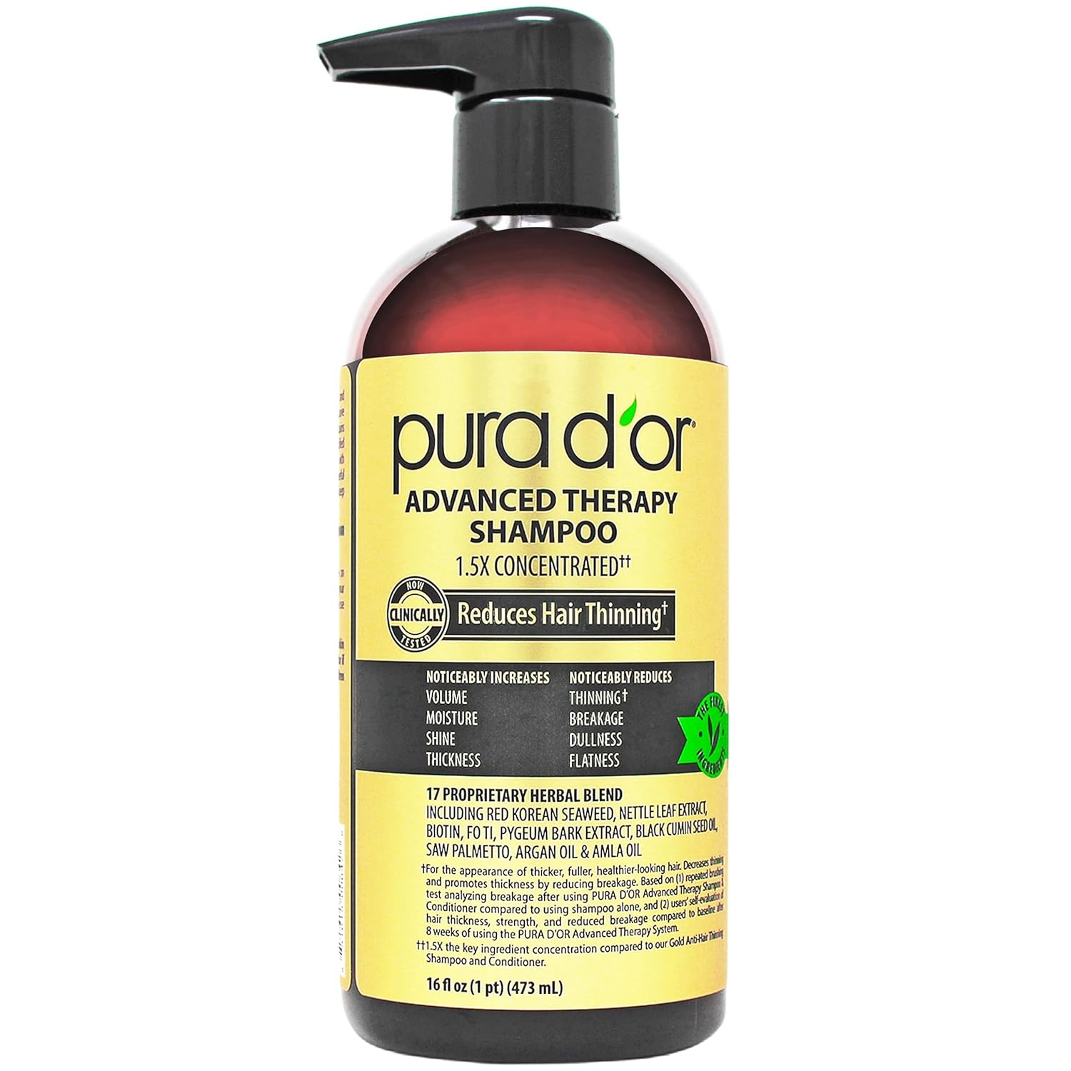 17 key active ingredients at 1.5x concentration including biotin, argan oil, red korean seaweed, saw palmetto, he shou wu, and nettle extracts
