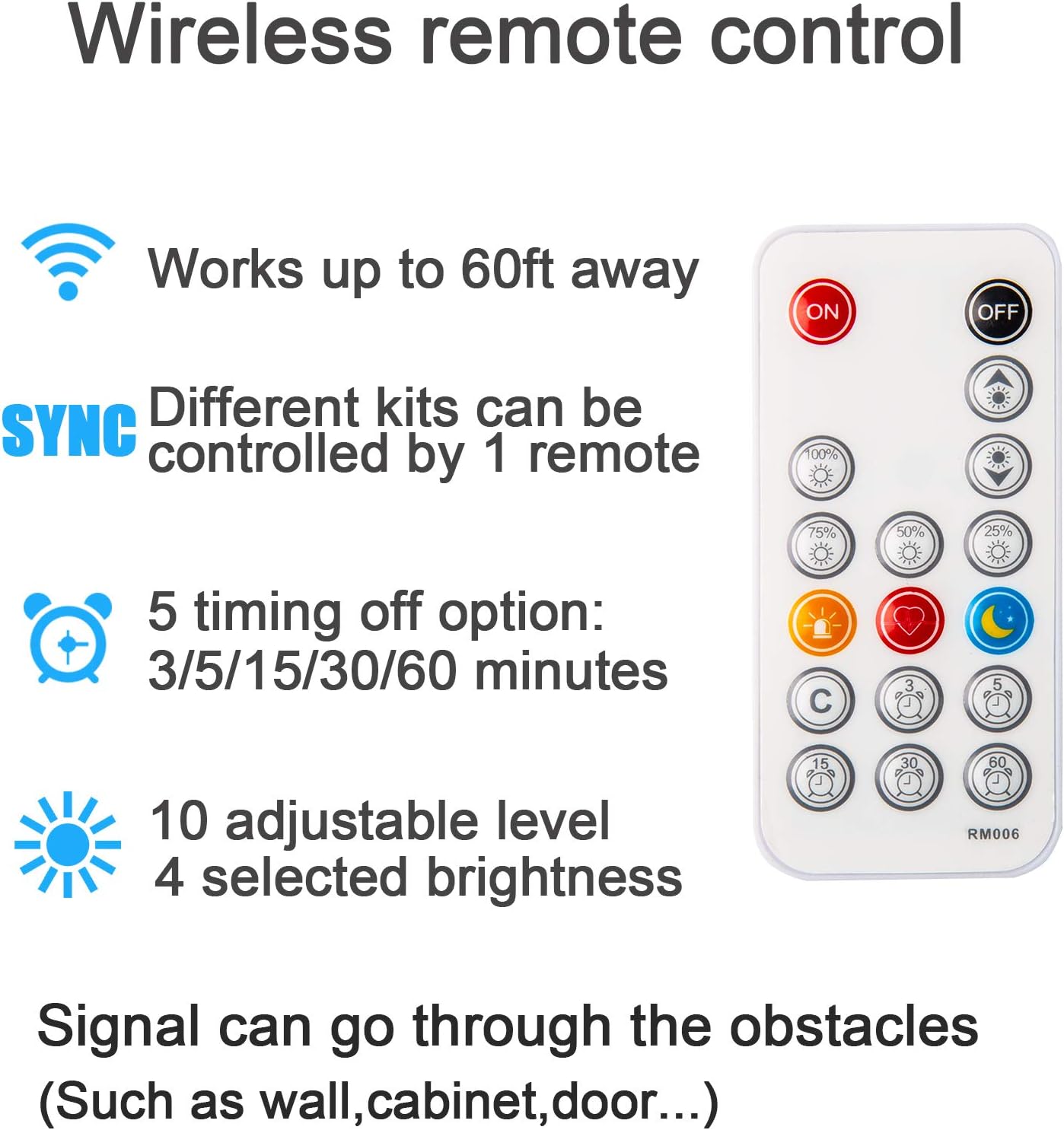 17-key rf wireless remote with dimming, hot buttons, timing off, and dynamic modes at 60 ft range
