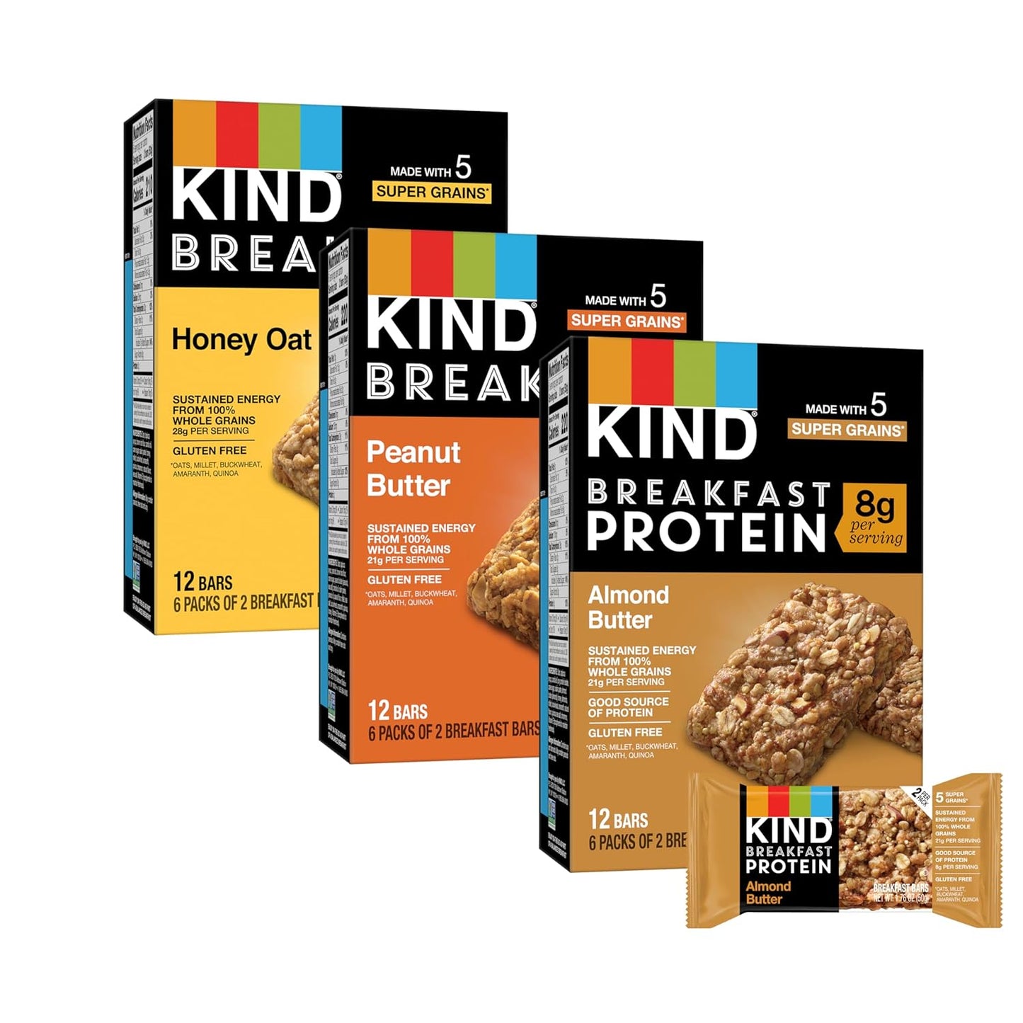 18-count variety pack with 6 bars each of honey oat, almond butter protein, and peanut butter
