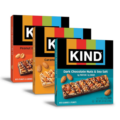 18-count variety pack with dark chocolate nuts & sea salt, peanut butter dark chocolate, and caramel almond & sea salt
