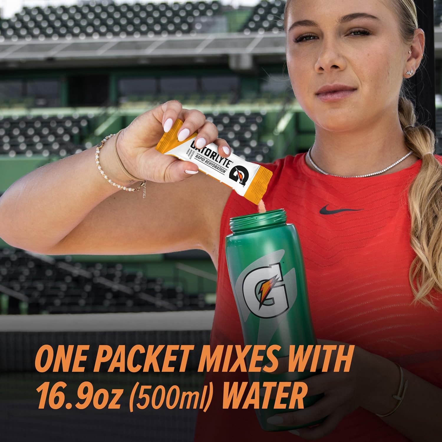 18 individually portioned powder stick packs — each mixes into a standard 16.9oz (500ml) water bottle