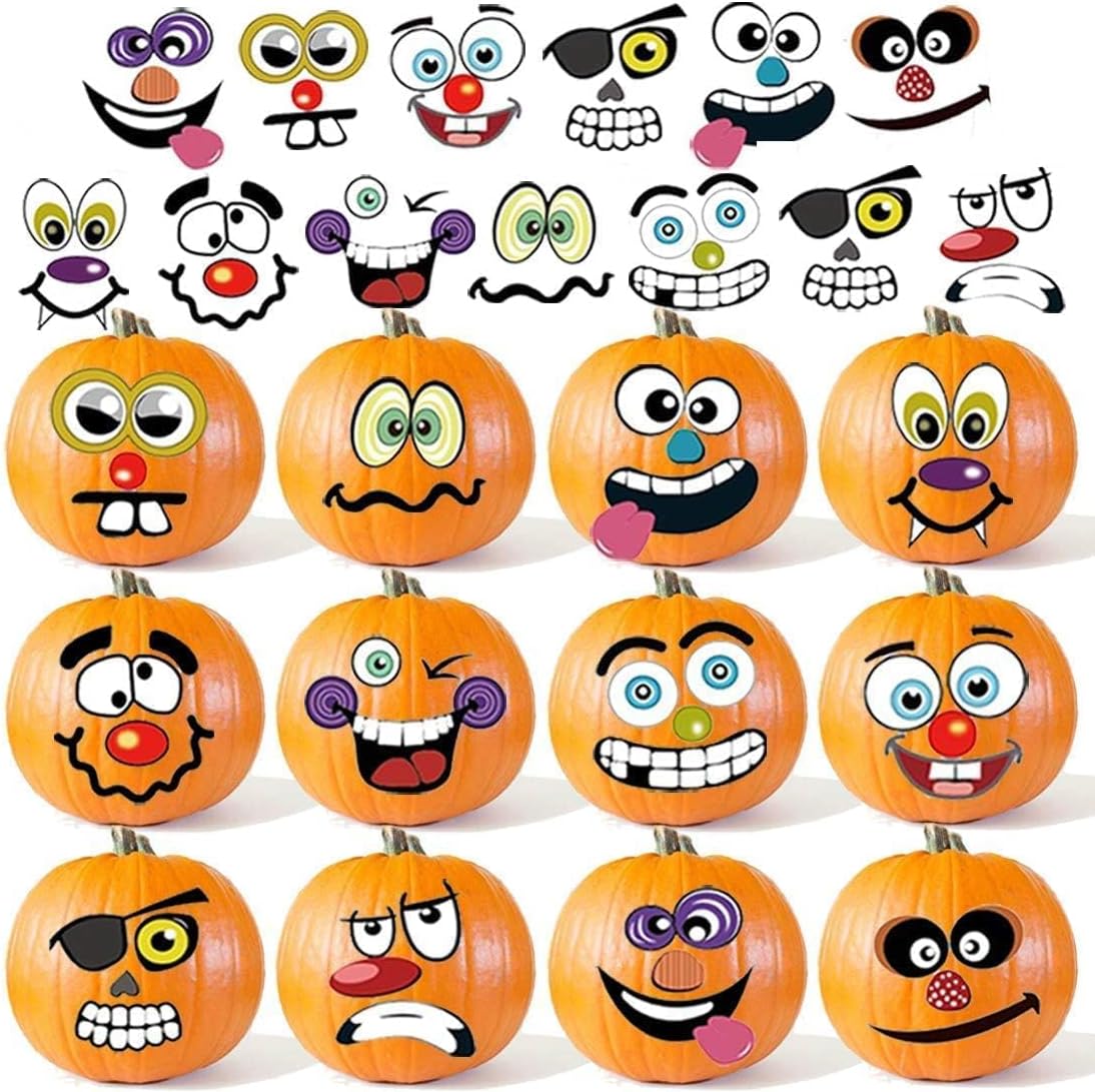 18 sheets containing 36 individual pumpkin face stickers (or 72 stickers in the larger pack)