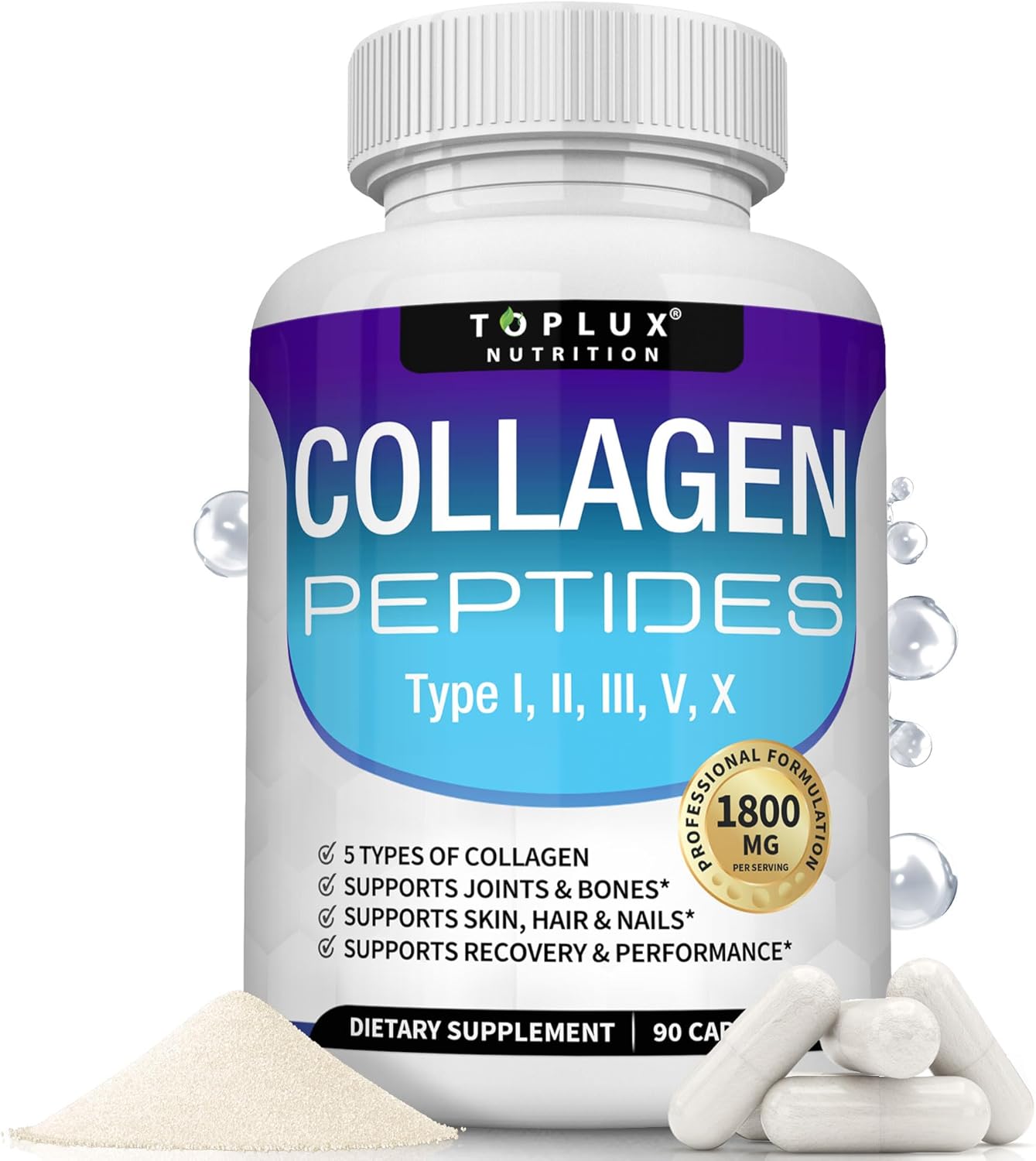 1800 mg multi-collagen complex per serving across types i, ii, iii, v, and x