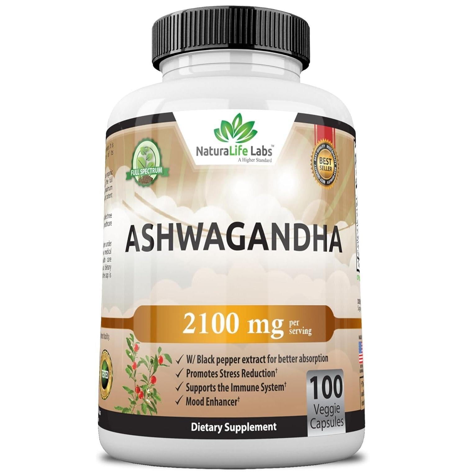 2,100 mg ashwagandha per serving combining organic root powder and standardized root extract
