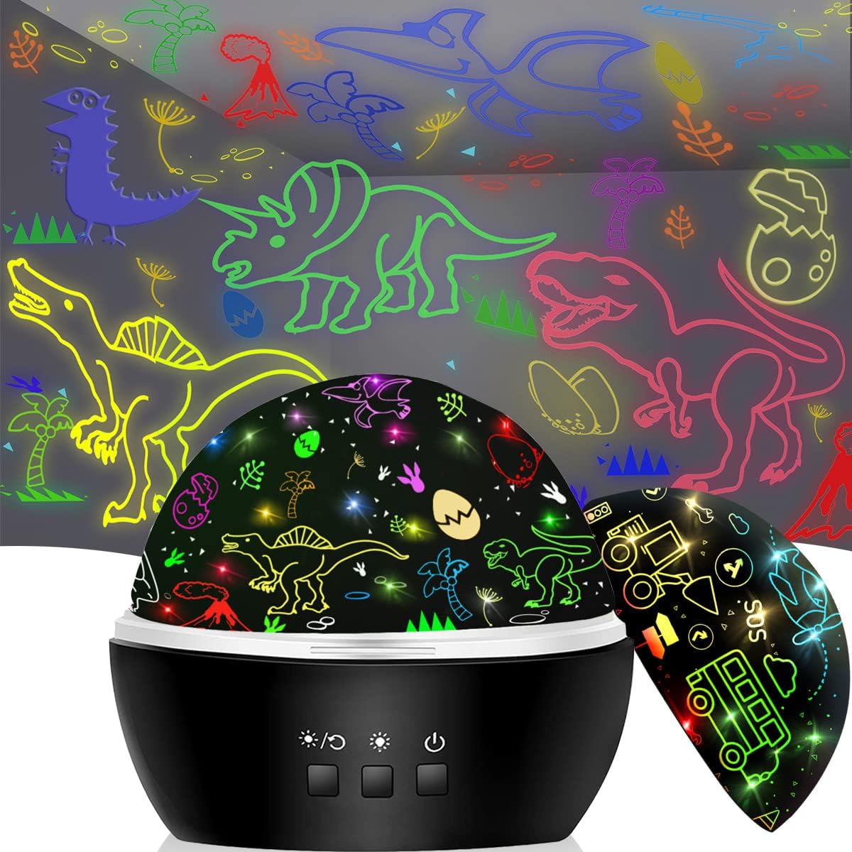 2-in-1 rotating projector with interchangeable hd dinosaur and truck theme films