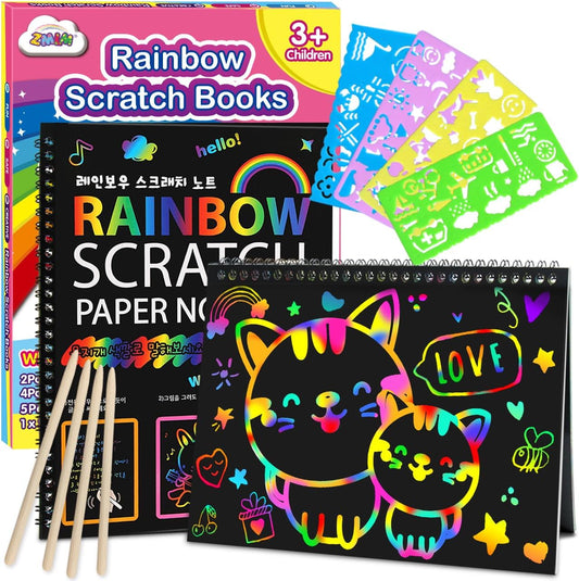 2-pack rainbow scratch paper notebooks with 7 color variants (pink, yellow, blue, light blue, and mixed combos)