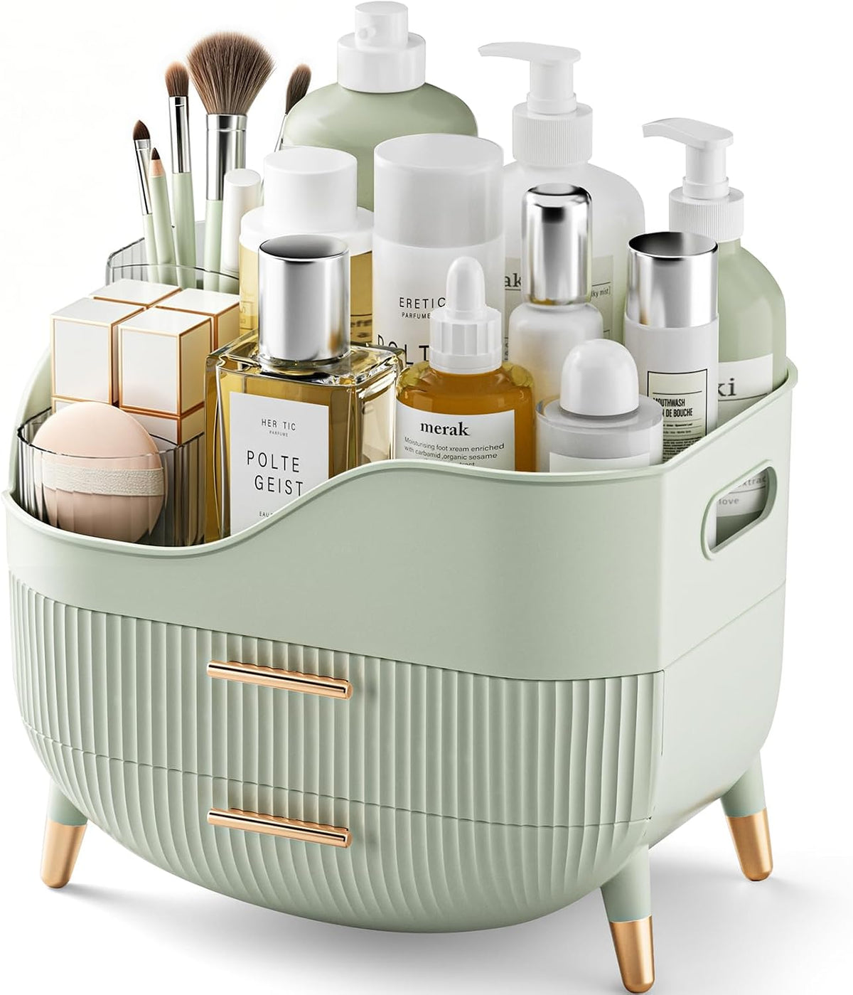 2 pull-out drawers plus an open top compartment for tall bottles