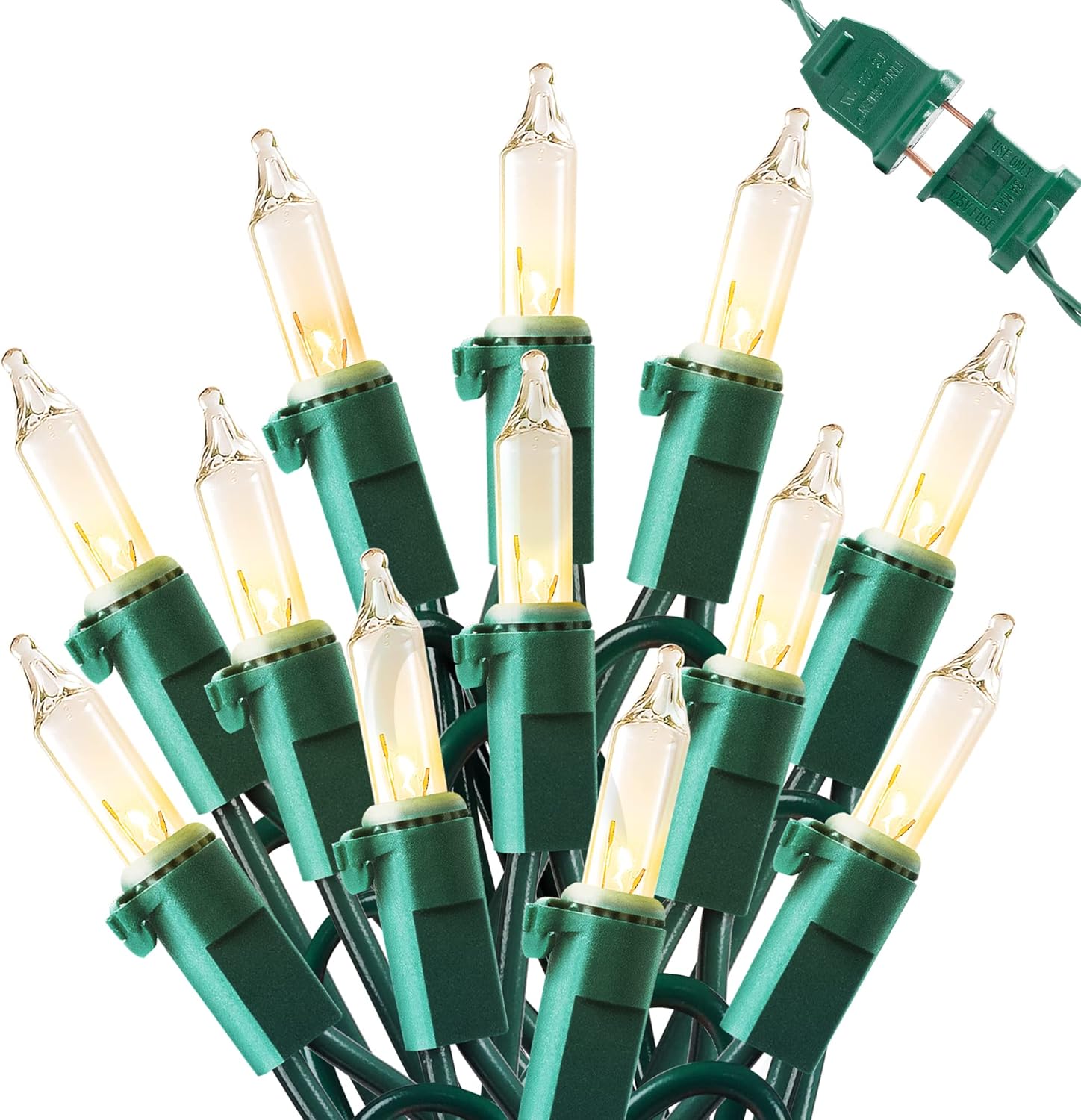 2 x 13ft strings with 50 incandescent mini bulbs each (2.76-inch spacing, 5w per set)