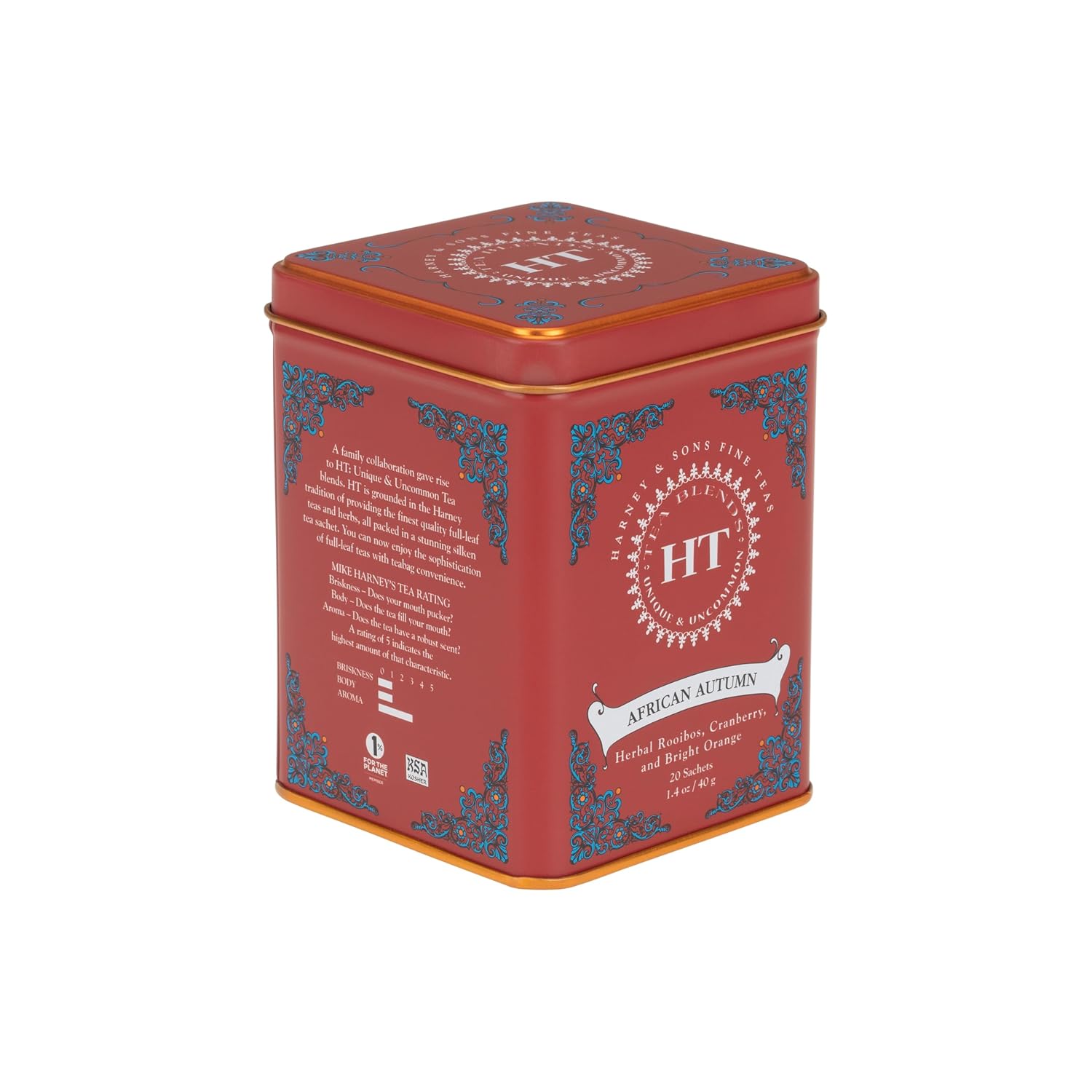 20-count pyramid tea sachets per decorative tin