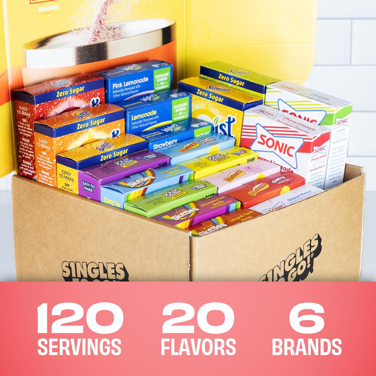 20 different flavor varieties including sonic cherry limeade, wyler's light lemonade, sunkist, skittles, and starburst
