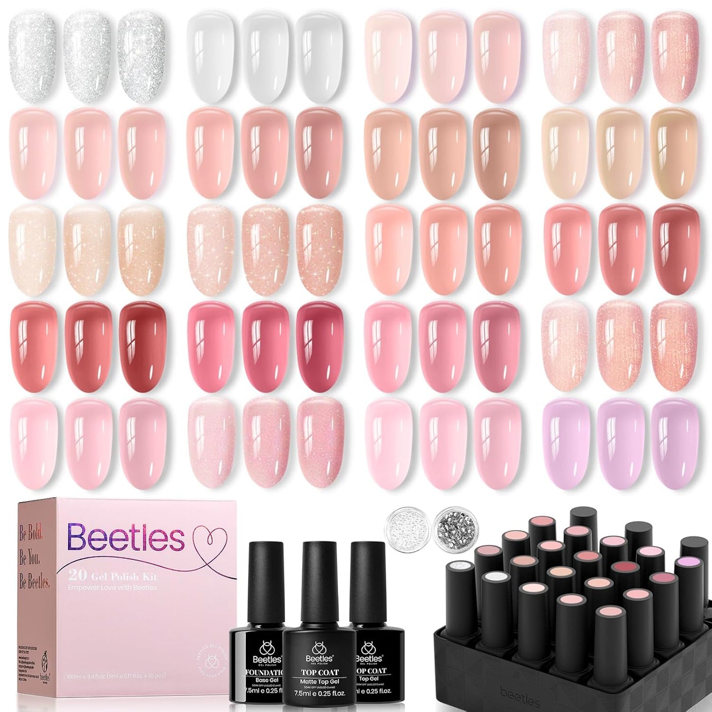 20 sheer jelly gel polish colors (5ml each) covering nude, pink, milky white, and glitter