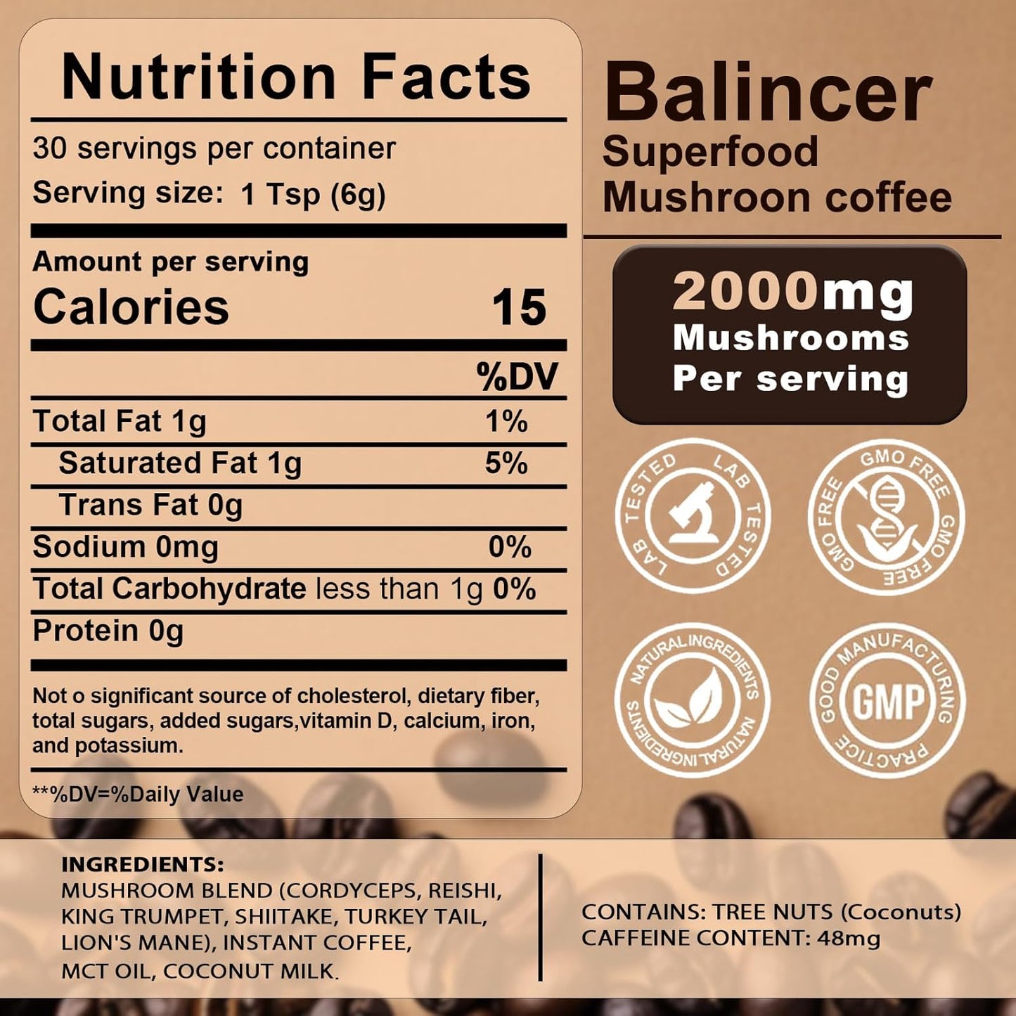 2000mg total mushroom complex per serving combined with premium instant coffee