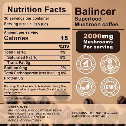 2000mg total mushroom complex per serving combined with premium instant coffee