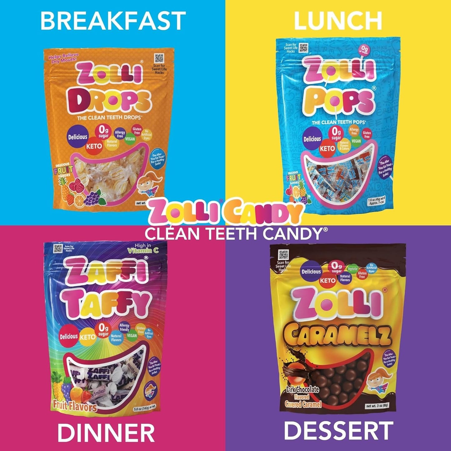 22 flavor-size-pack variants including single flavors, assorted fruit mixes, and caramel-apple blends