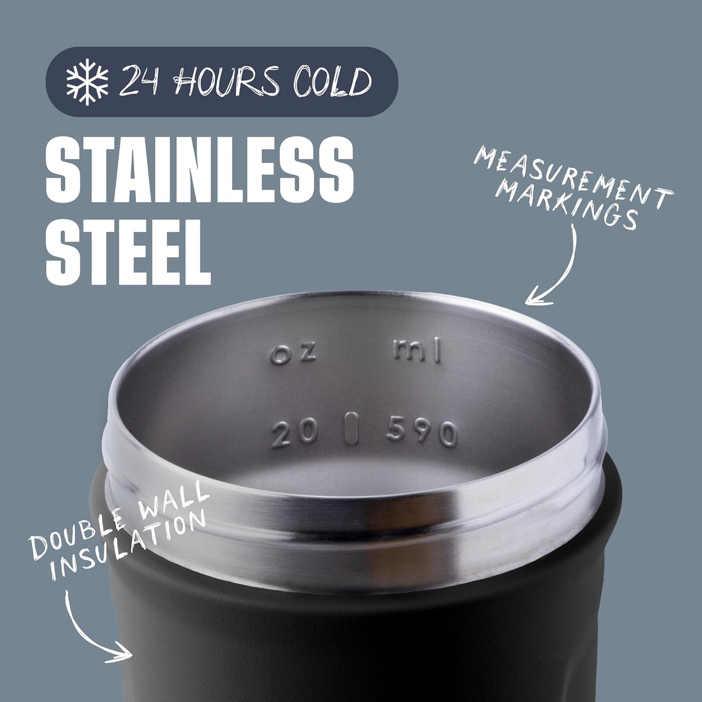 24-ounce total capacity with interior measurement markings up to 20 ounces