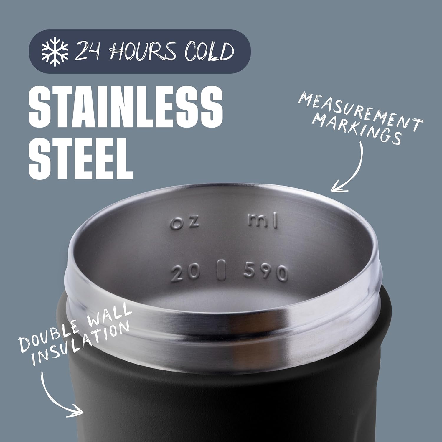 24-ounce total capacity with interior measurement markings up to 20 ounces