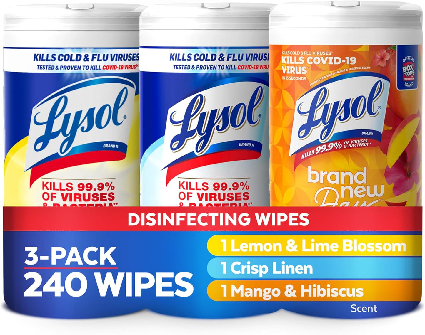 240-count total bundle (3 x 80 ct canisters) in three scents: lemon & lime blossom, crisp linen, and mango & hibiscus