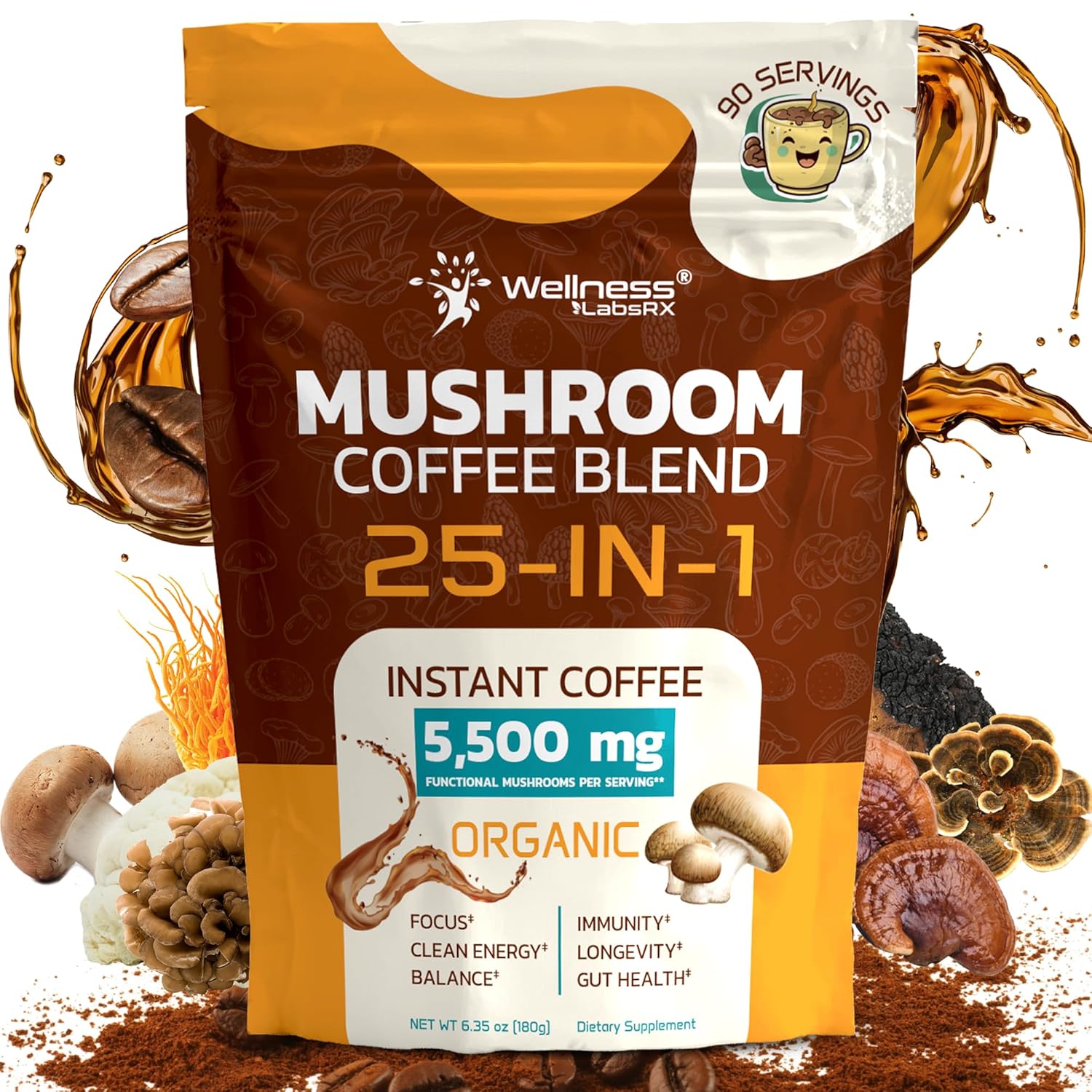 25-in-1 functional mushroom blend including lion's mane, reishi, shiitake, and chaga