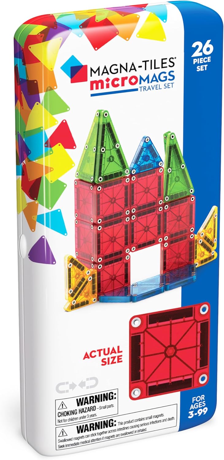 26 magnetic micromags pieces (4 right triangles, 4 isosceles triangles, 6 equilateral triangles, 12 squares) in a reusable metal tin