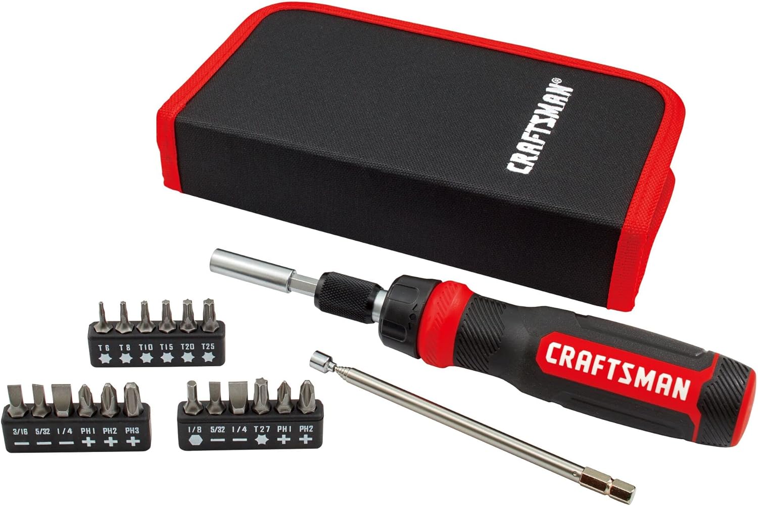 26-piece set: 20 driver bits (sq, hex, torx t6-t25, slotted, phillips ph1-ph3) plus 7 1/4-inch drive nutdrivers (3/16 in. to 3/8 in.)