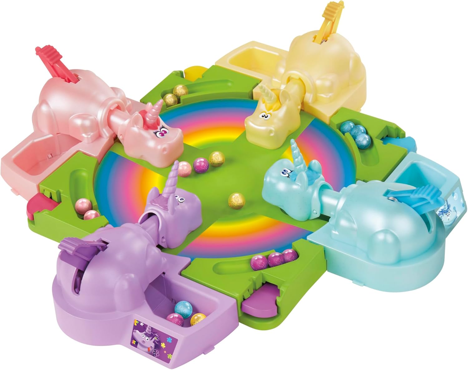 28-piece complete set including game base, 4 unicorn heads, 4 unicorn bodies, marbles, and storage cover