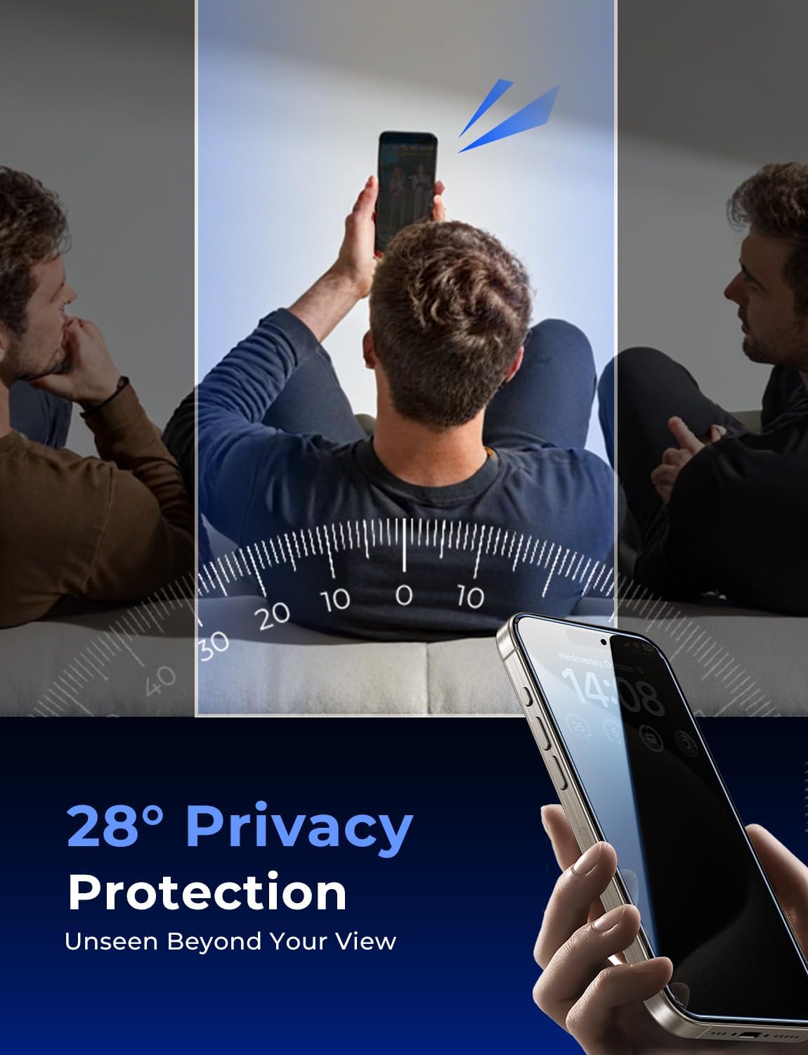 28° two-way privacy tempered glass that blacks out side views