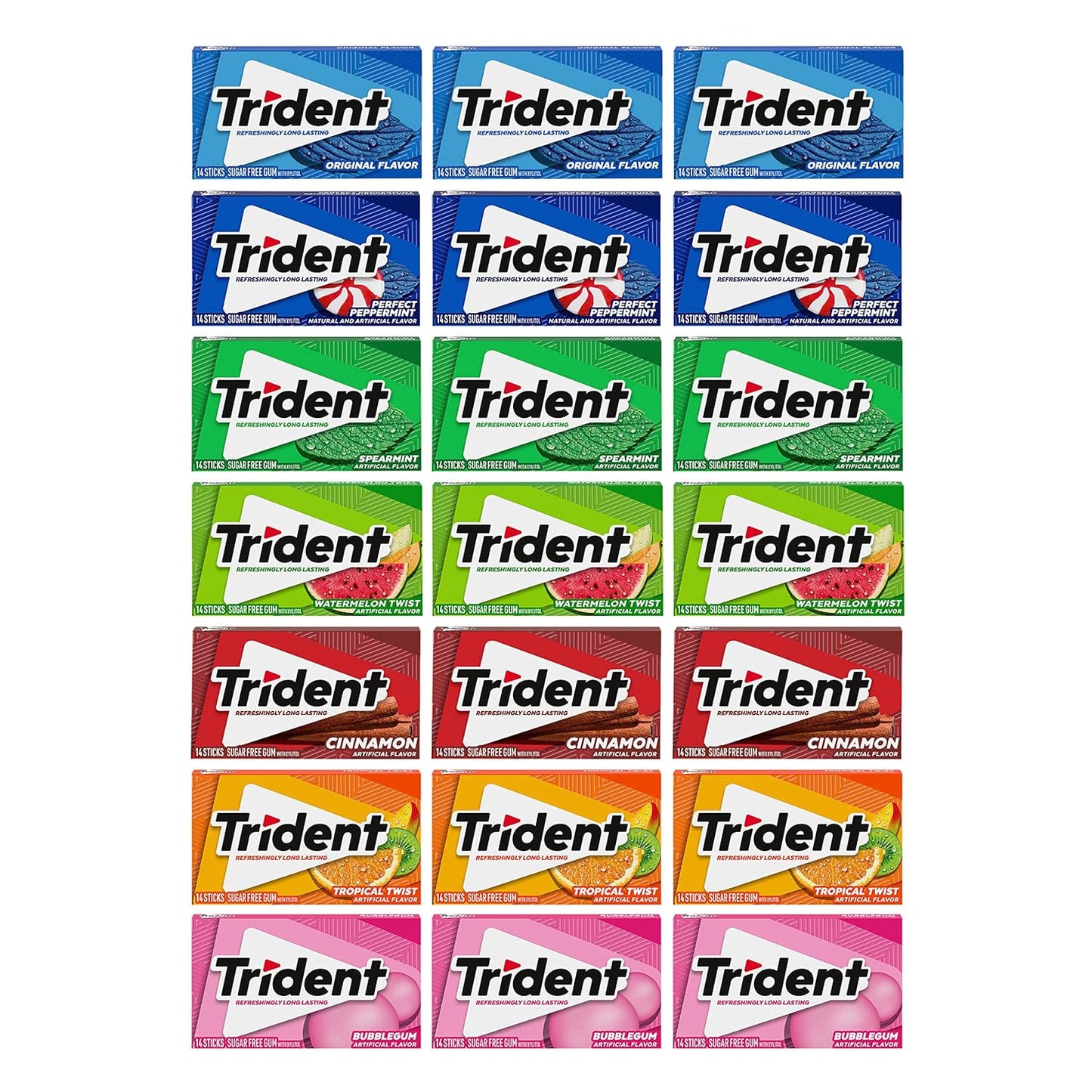 294 total pieces across 21 individually wrapped packs (3 packs each of 7 flavors: spearmint, original, watermelon twist, tropical twist, bubblegum, cinnamon, perfect peppermint)
