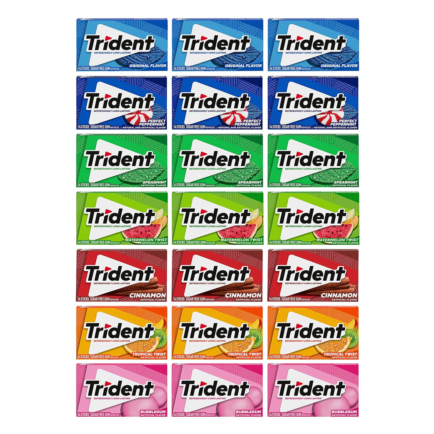 294 total pieces across 21 individually wrapped packs (3 packs each of 7 flavors: spearmint, original, watermelon twist, tropical twist, bubblegum, cinnamon, perfect peppermint)