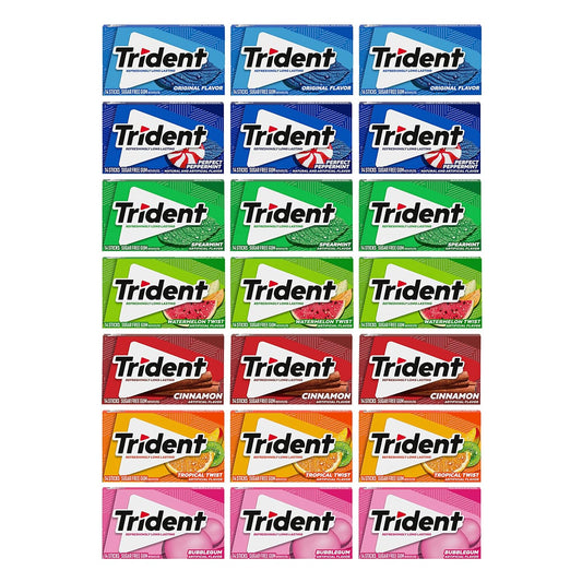 294 total pieces across 21 individually wrapped packs (3 packs each of 7 flavors: spearmint, original, watermelon twist, tropical twist, bubblegum, cinnamon, perfect peppermint)