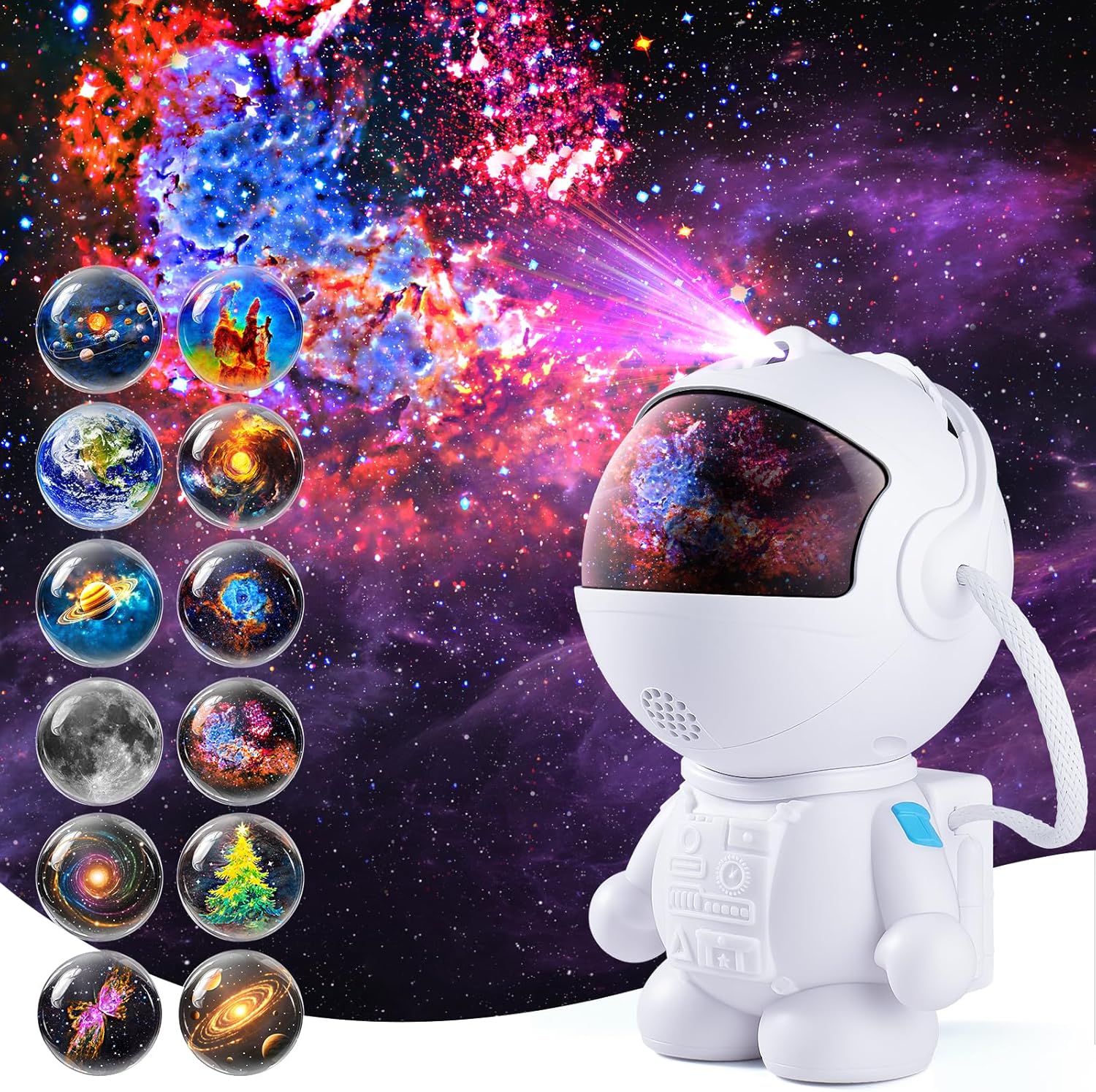 3 interchangeable film discs with 12 cosmic scenes (solar system, nebula, saturn, etc.)