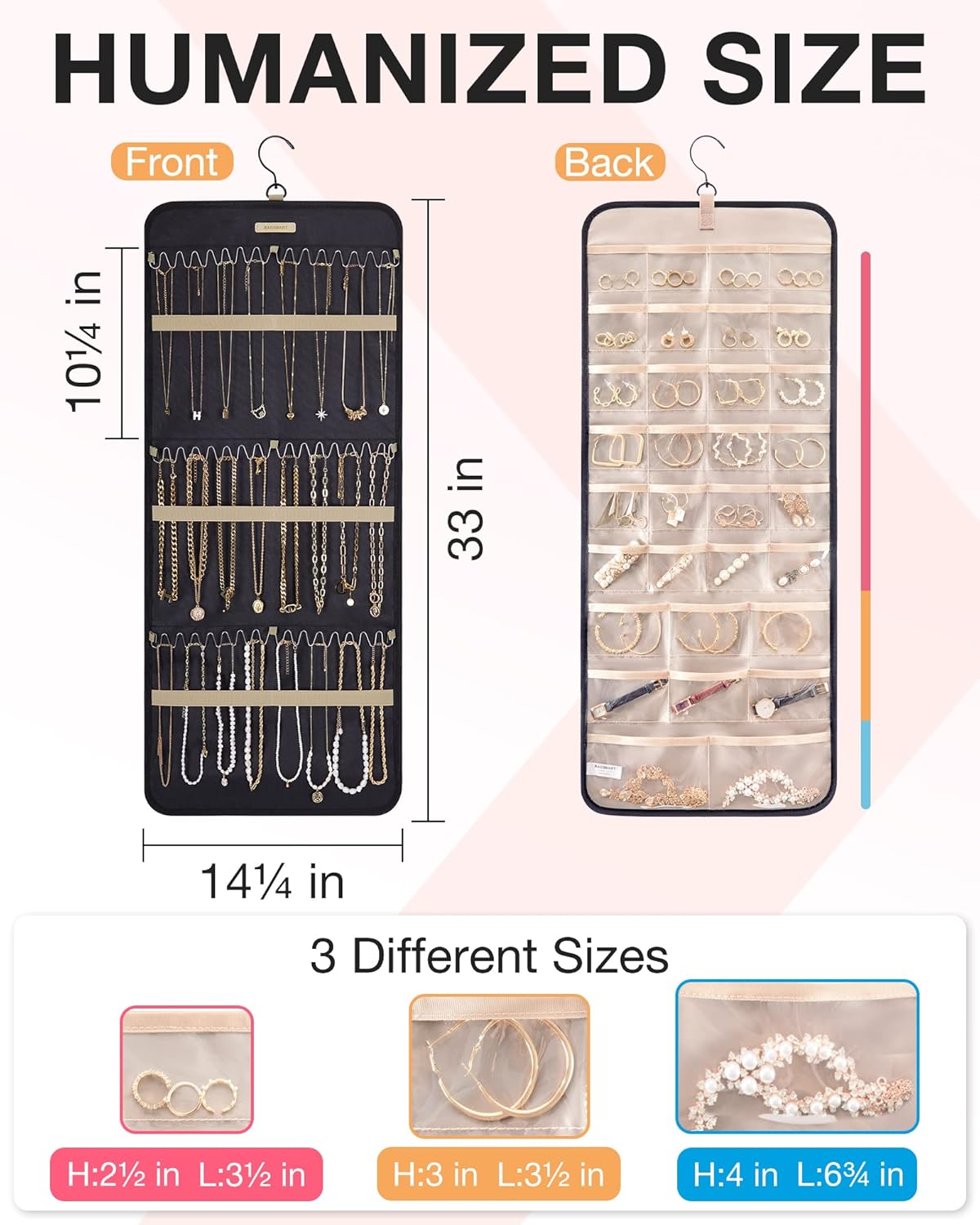 3 rows of wave-shaped metal hooks holding up to 42 necklaces with elastic separation straps