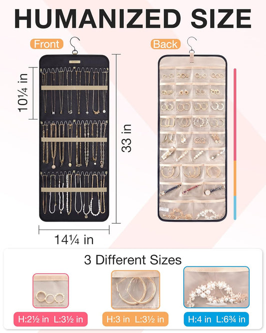3 rows of wave-shaped metal hooks holding up to 42 necklaces with elastic separation straps