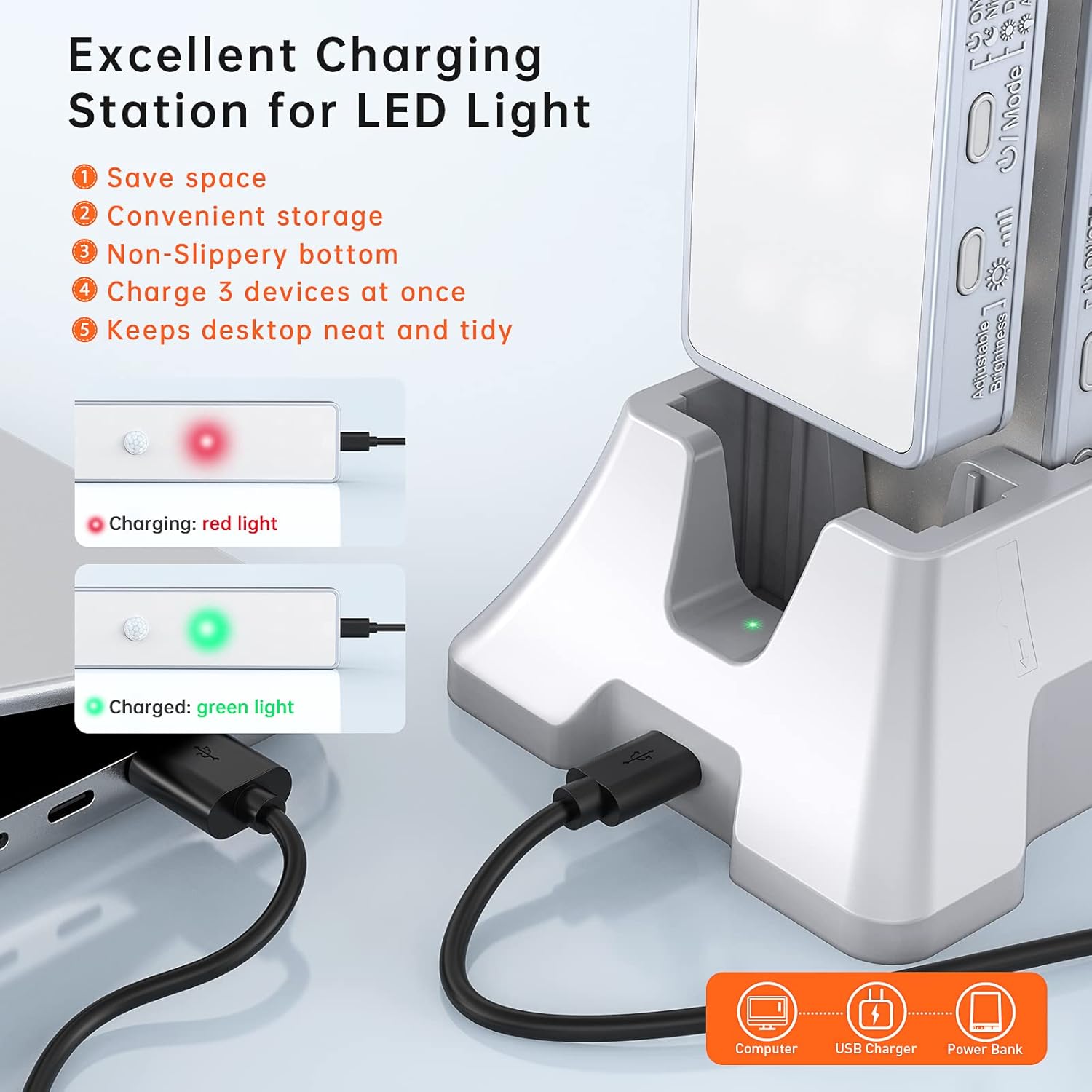 3-slot usb charging stand that powers multiple units simultaneously and doubles as a desktop organizer