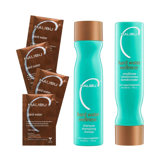 3-step hard water remedy system: clarifying shampoo, crystal treatment, and hydrating conditioner